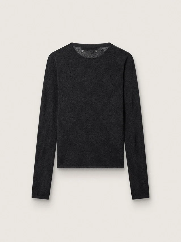 Pulover pentru femei cu guler rotund și model jacquard floral negru