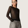 Pulover pentru femei cu guler rotund și model jacquard floral negru