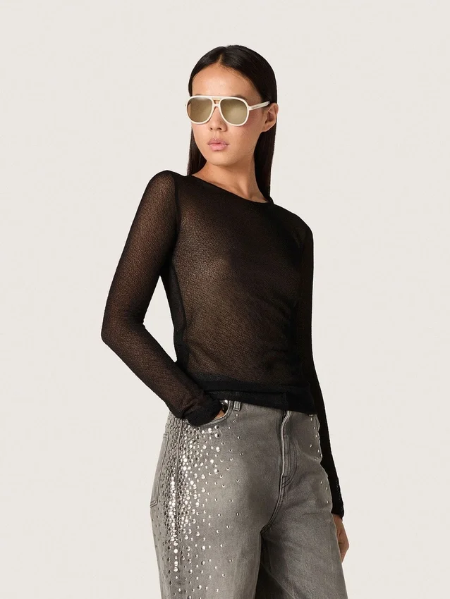 Pulover pentru femei cu guler rotund și model jacquard floral negru