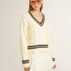 Pulover scurt pentru femei cu model împletit, cu borduri albastre și cristale