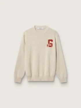 Pulover unisex cu guler rotund din bumbac bej, cu patch pe partea din față și logo pe spate