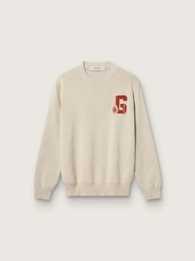 Pulover unisex cu guler rotund din bumbac bej, cu patch pe partea din față și logo pe spate