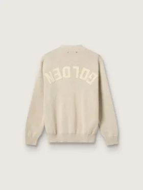 Pulover unisex cu guler rotund din bumbac bej, cu patch pe partea din față și logo pe spate