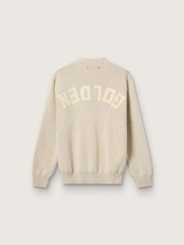 Pulover unisex cu guler rotund din bumbac bej, cu patch pe partea din față și logo pe spate