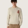 Pulover unisex cu guler rotund din bumbac bej, cu patch pe partea din față și logo pe spate