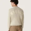 Pulover unisex cu guler rotund din bumbac bej, cu patch pe partea din față și logo pe spate
