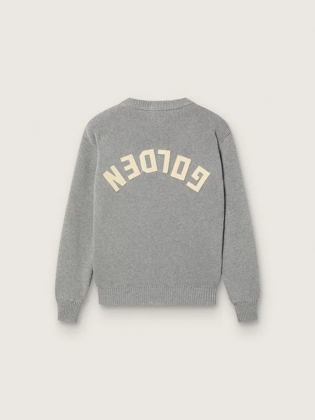Pulover unisex Golden pentru copii, din tricot cu nervuri gri melanj, cu logo pe spate