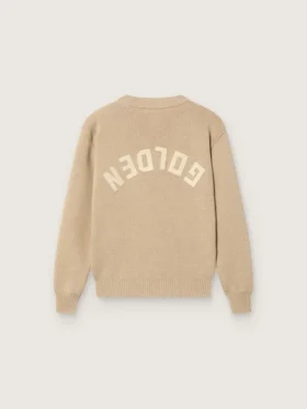 Pulover unisex pentru copii, de culoare bej auriu, cu nervuri și logo pe spate