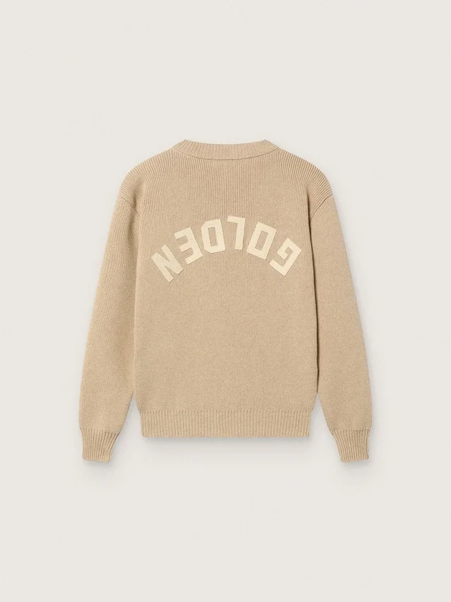 Pulover unisex pentru copii, de culoare bej auriu, cu nervuri și logo pe spate