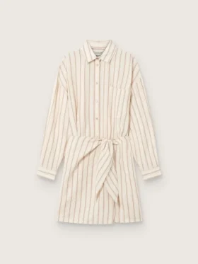 Rochie-cămașă din bumbac ecru pentru femei, cu dungi bej și maro