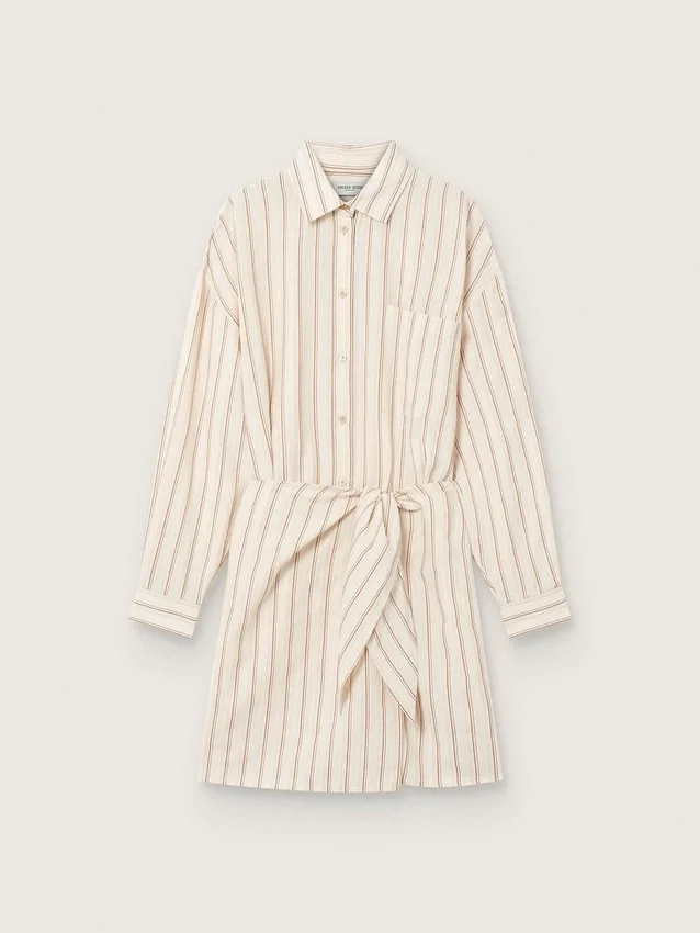 Rochie-cămașă din bumbac ecru pentru femei, cu dungi bej și maro