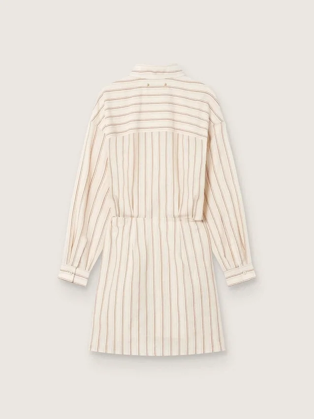 Rochie-cămașă din bumbac ecru pentru femei, cu dungi bej și maro