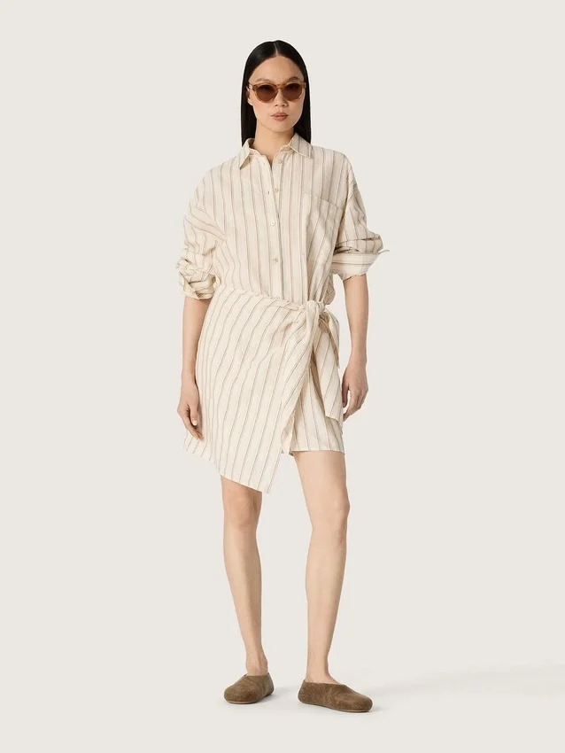 Rochie-cămașă din bumbac ecru pentru femei, cu dungi bej și maro