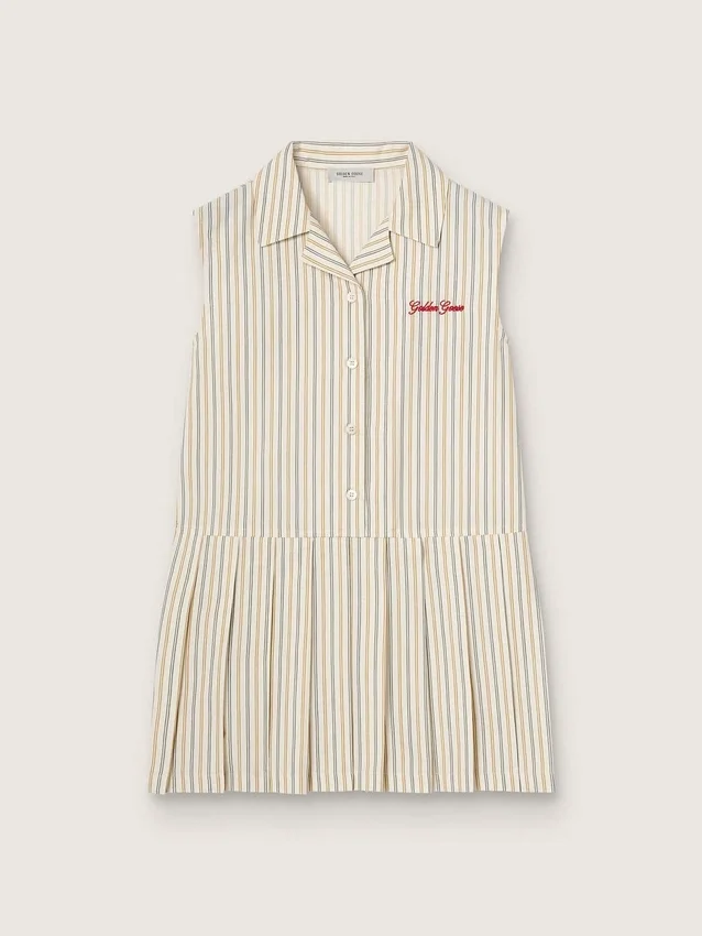 Rochie-cămașă fără mâneci, cu dungi, pentru fete, în culorile ecru, bej și gri