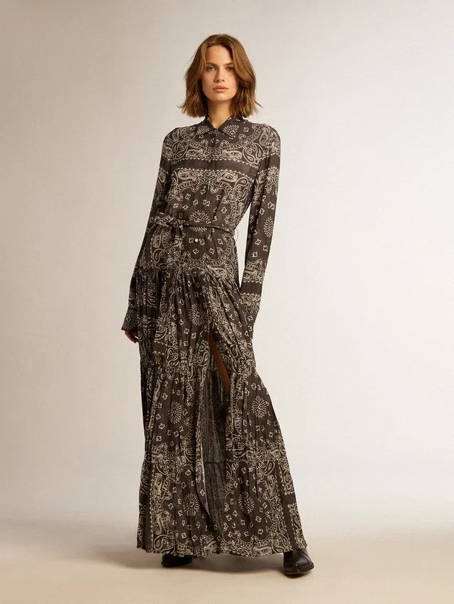 Rochie-cămașă gri antracit cu imprimeu paisley