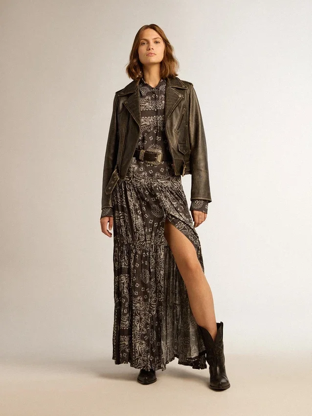 Rochie-cămașă gri antracit cu imprimeu paisley