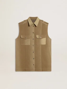 Rochie-cămașă pentru femei din denim de culoare nisip, cu detalii militare