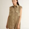 Rochie-cămașă pentru femei din denim de culoare nisip, cu detalii militare