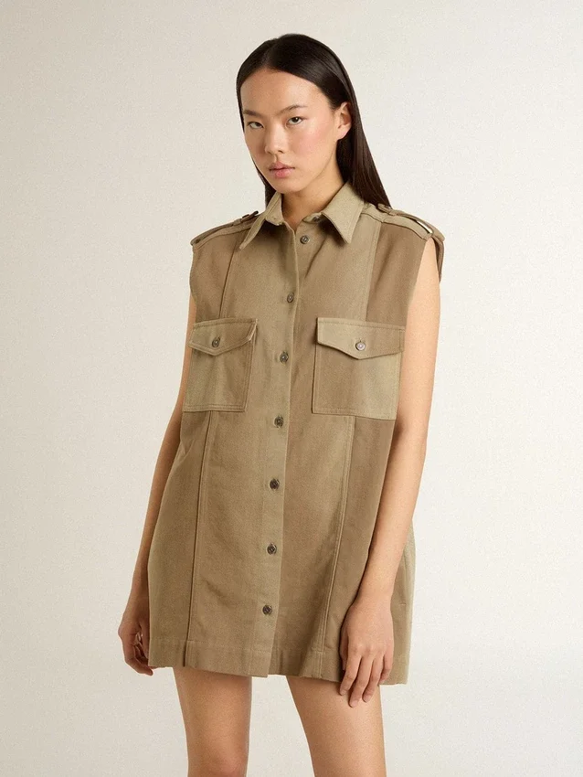 Rochie-cămașă pentru femei din denim de culoare nisip, cu detalii militare