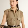 Rochie-cămașă pentru femei din denim de culoare nisip, cu detalii militare