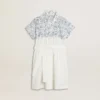 Rochie-cămașă pentru fete din pânză de bumbac albă, cu imprimeu nautic albastru și bordură albă