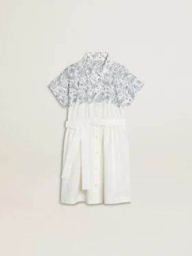 Rochie-cămașă pentru fete din pânză de bumbac albă, cu imprimeu nautic albastru și bordură albă