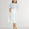Rochie-cămașă pentru fete din pânză de bumbac albă, cu imprimeu nautic albastru și bordură albă