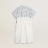 Rochie-cămașă pentru fete din pânză de bumbac albă, cu imprimeu nautic albastru și bordură albă