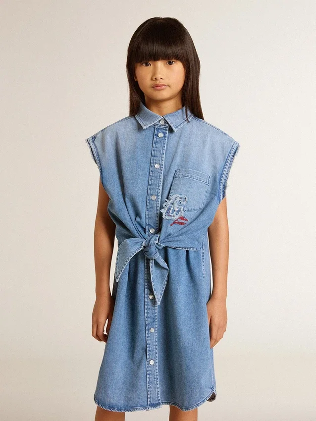 Rochie din denim pentru fete, cu nod în față și broderie