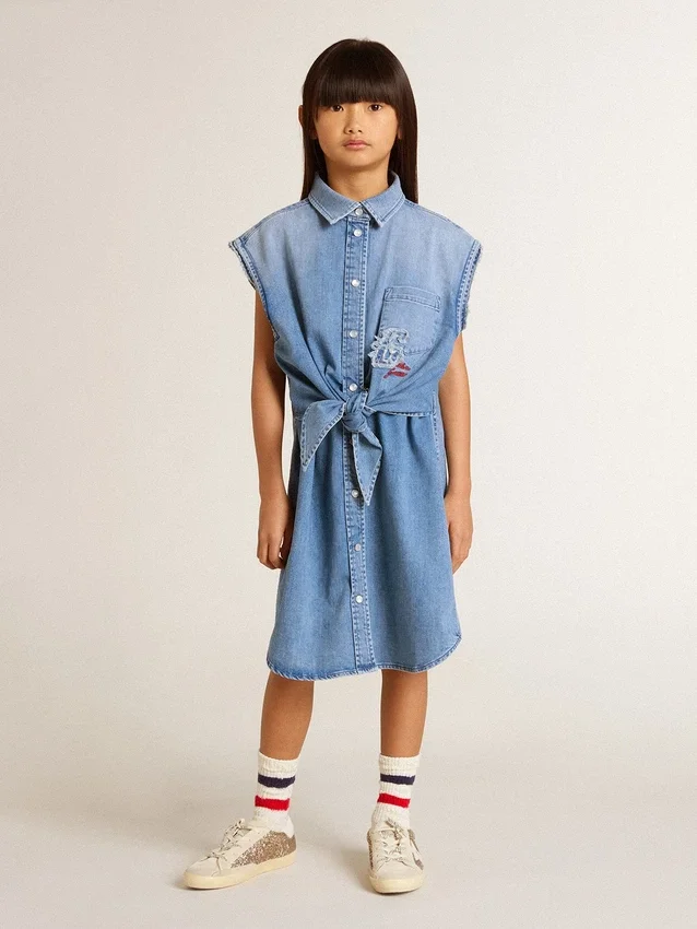 Rochie din denim pentru fete, cu nod în față și broderie