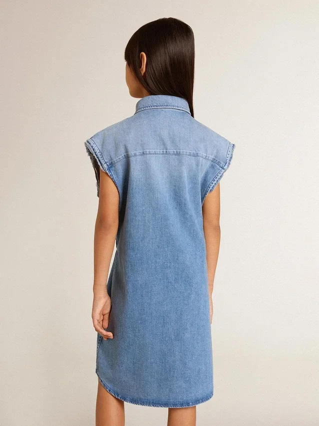 Rochie din denim pentru fete, cu nod în față și broderie