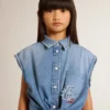 Rochie din denim pentru fete, cu nod în față și broderie