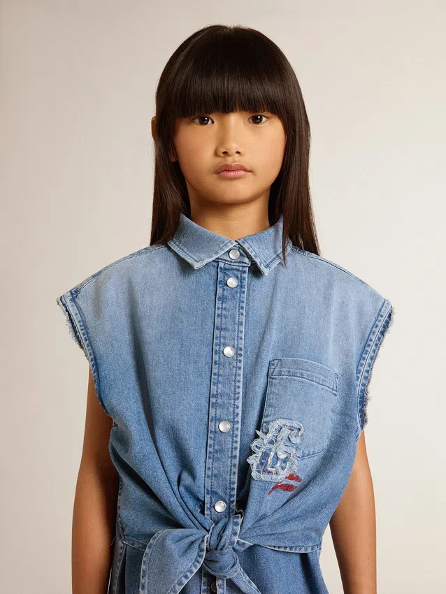 Rochie din denim pentru fete, cu nod în față și broderie