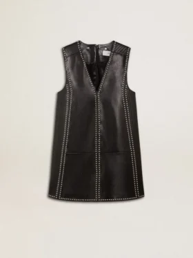 Rochie din piele nappa neagră pentru femei, cu ținte