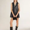 Rochie din piele nappa neagră pentru femei, cu ținte