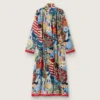 Rochie kaftan pentru femei din voal de bumbac ecru cu imprimeu multicolor