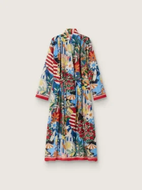 Rochie kaftan pentru femei din voal de bumbac ecru cu imprimeu multicolor