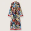 Rochie kaftan pentru femei din voal de bumbac ecru cu imprimeu multicolor