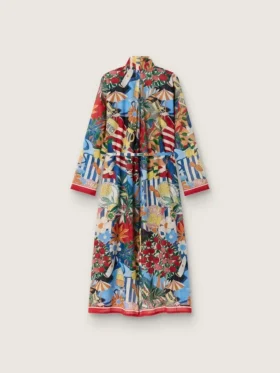 Rochie kaftan pentru femei din voal de bumbac ecru cu imprimeu multicolor