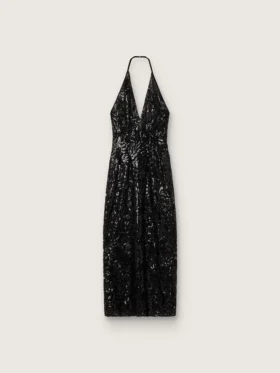Rochie lungă de damă din tul cu broderie florală din paiete negre