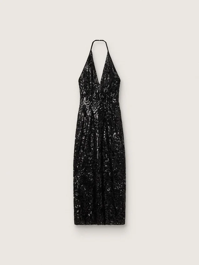 Rochie lungă de damă din tul cu broderie florală din paiete negre