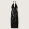 Rochie lungă de damă din tul cu broderie florală din paiete negre