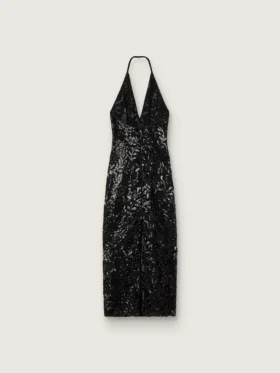 Rochie lungă de damă din tul cu broderie florală din paiete negre