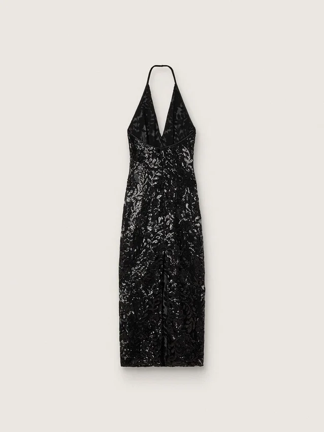 Rochie lungă de damă din tul cu broderie florală din paiete negre
