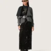 Rochie lungă de damă din tul cu broderie florală din paiete negre