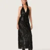 Rochie lungă de damă din tul cu broderie florală din paiete negre