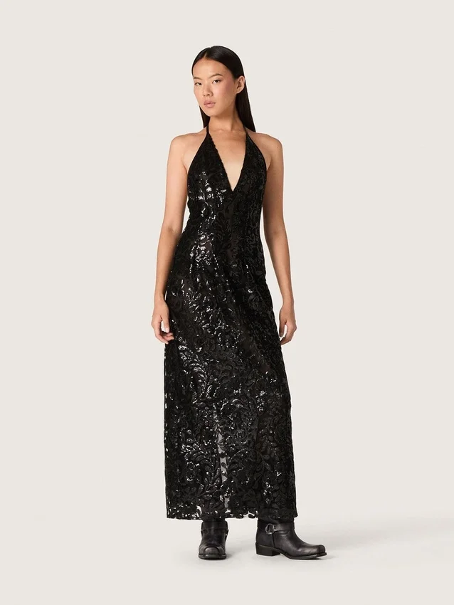 Rochie lungă de damă din tul cu broderie florală din paiete negre