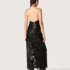 Rochie lungă de damă din tul cu broderie florală din paiete negre