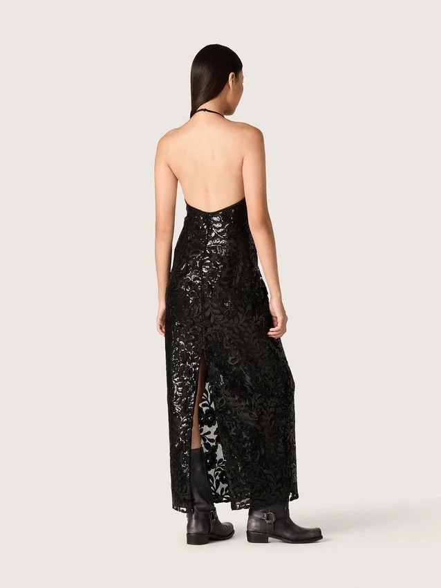 Rochie lungă de damă din tul cu broderie florală din paiete negre