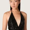 Rochie lungă de damă din tul cu broderie florală din paiete negre